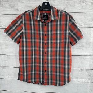 Prana‎ Men's Plaid Short Sleeve Button Down Shirt Outdoor Casual Red Gray Small